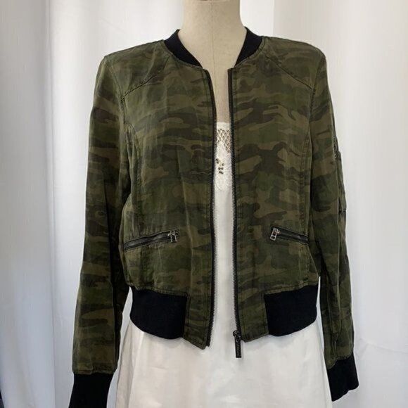 Sanctuary Camo Denim Bomber Jacket - Green/Brown/Black Cotton, Size Small - Picture 6 of 11